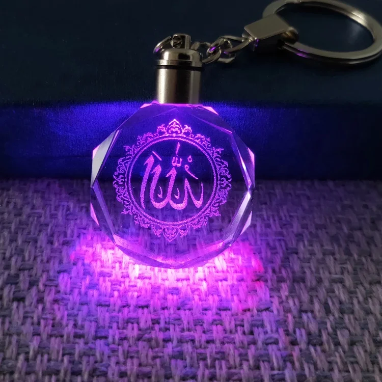 

High-Quality K9 islamic Crystal Keychain LED Flashing Custom Carve Family Photo Frame Souvenir Gifts Glass Keyring Chain