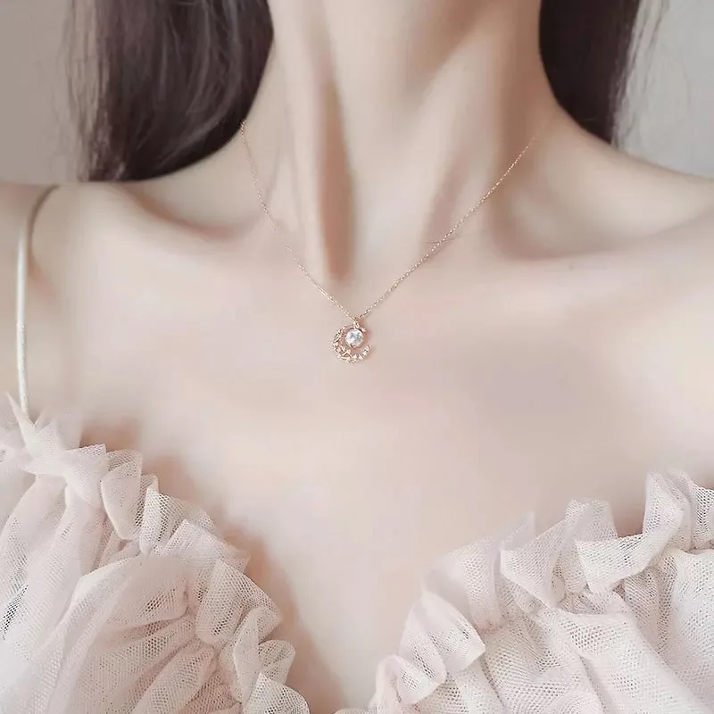 

Shangjie OEM kalung High quality Girls Fashion 925 Silver Necklace Moon Stone Necklace Zircon Moon Pendant Necklace Jewelry, Silver, rose gold