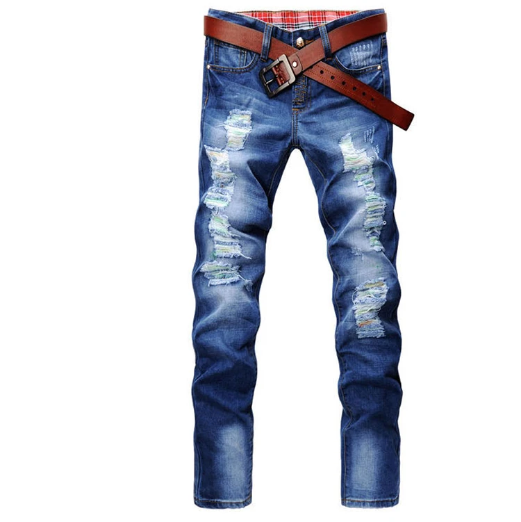 

New Design Wholesale Perforated Casual Versatile Skinny Ripped Straight Leg Classic Blue Jeans Male Denim Pants Men Trousers