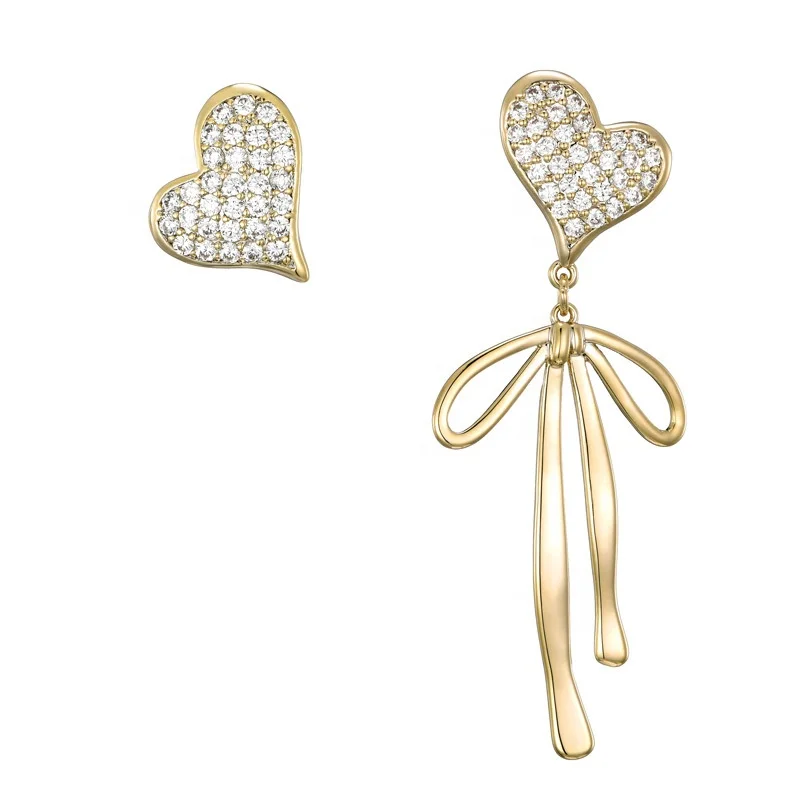 

Wholesale fashion womens Korean heart bowknot cubic zircon gold plated brass S925 needles earrings jewelry