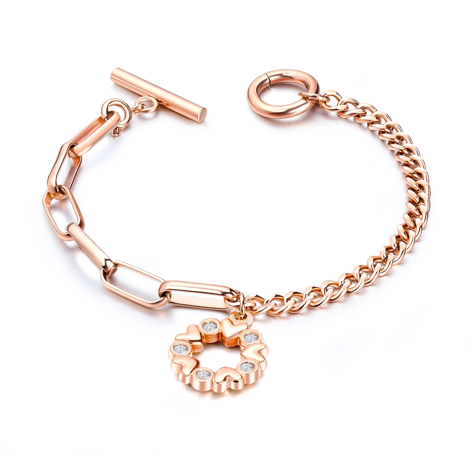 

Welwish Fashion Link Chain 316L Stainless Heart Portrait Stainless Charm Bracelet For Women, Rose gold