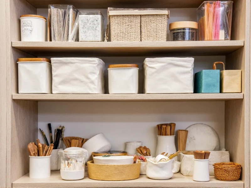 Handmade craft supplies organized in sustainable containers on shelf