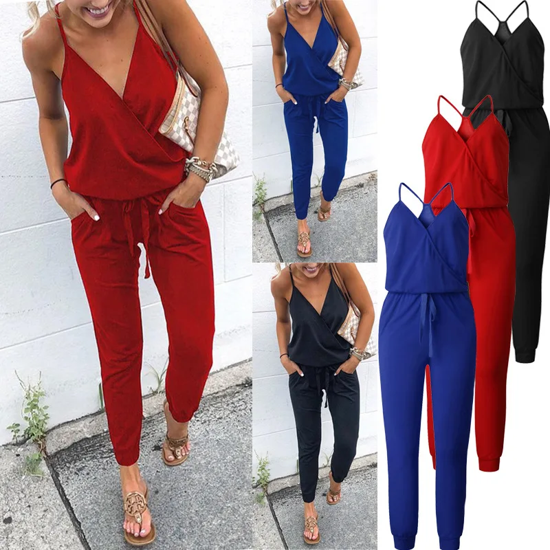 

New Arrival Sexy Spaghetti Cross Strap Lace Up Jumpsuits Summer Women V Neck Solid Casual Sleeveless Pockets Long Romper Female