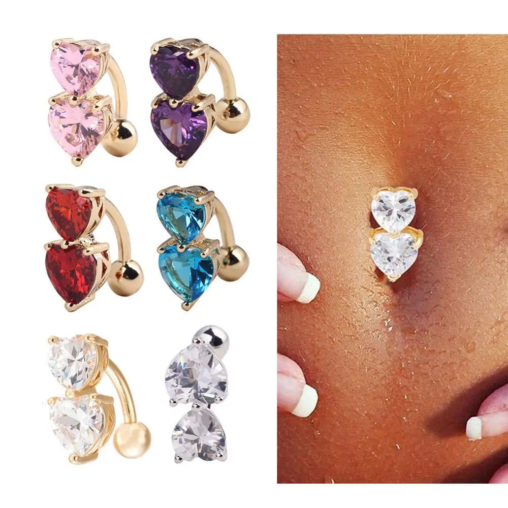 

Sexy Body Jewelry Zircon Surgical Steel Double Heart Stone Belly Button Rings Crystal Heart Belly Bars Navel Rings