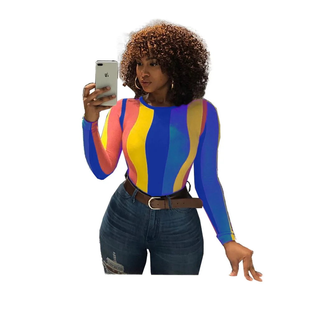 

2020 Hot Sale Women Autumn Long Sleeve Blouse Stripe Patchwork Sexy Skinny Casual Plus Size Women Clothing, Rainbow,rose red,blue