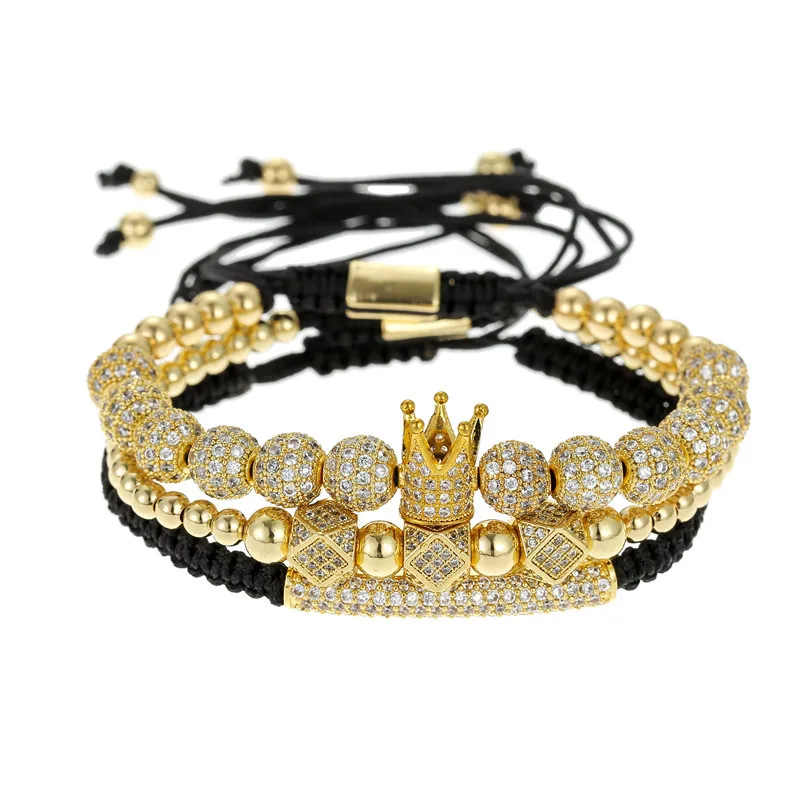 

3pcs/set Imperial Crown Pave Cubic Zirconia Ball Bracelet for Men Luxury Charm Adjustable Bangle Jewelery Mens Bracelet, Black/gold/silver/rose gold