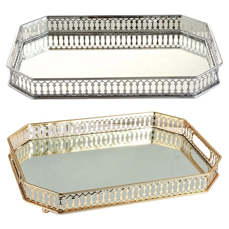 

Logo Gold Rectangle/round Fruit Plate Desktop Small Items Jewelry Display Tray Plate Vintage Mirror Glass Metal Storage Tray