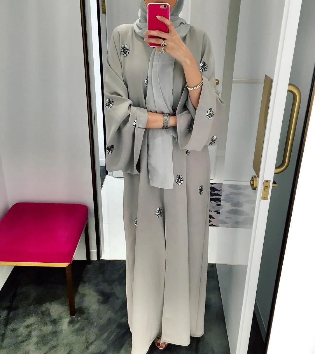 

2021Wholesale Dubai Boutique Women Muslim Long Skirt Ethnic Ladies Elegant Floral Printing Embroidery diamond Abaya Dress, Grey