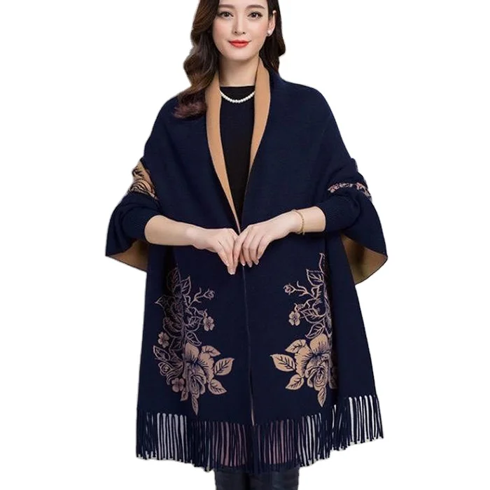 

Wholesale Women's Open Front Tassel Side Jacquard Floral Knitted Shawl Poncho Sweaters