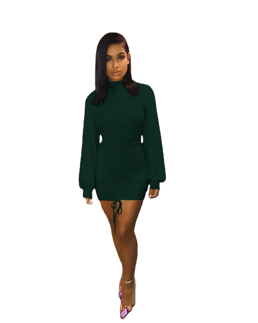 

New product ideas 2021 Cute Casual Ruched Mock Neck Drawstring Lantern Long Sleeve Bodycon Club Dress For, Picture shown