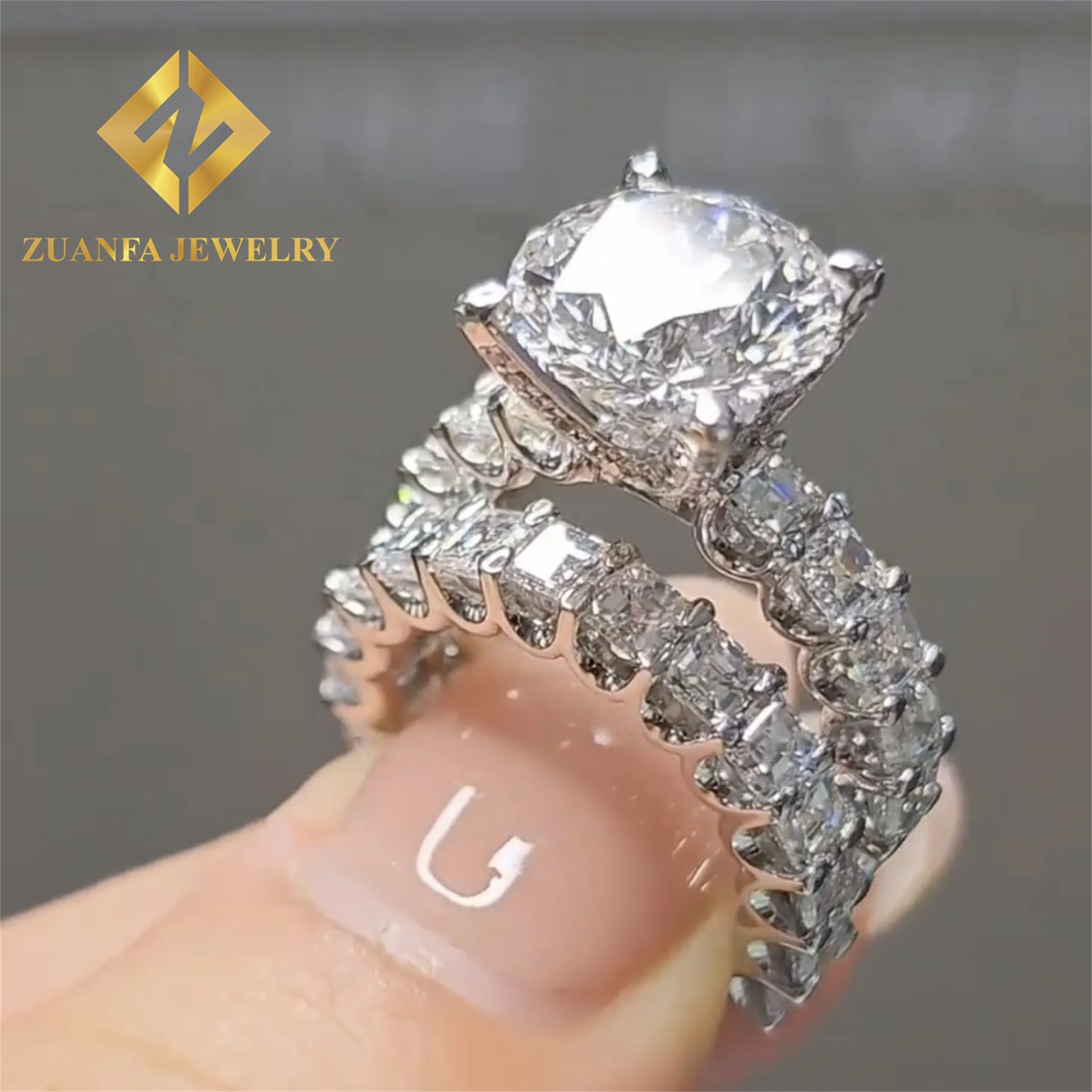 

Wedding ring round cut +Asscher cut luxury design half moissanite band 925 silver 10K solid gold engagement ring custom design