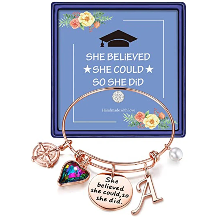 

2021 Graduation Gifts Charm Bracelets Quote She Believed She Could So She Did Bracelet Engraved Inspirational Initial Bracelet