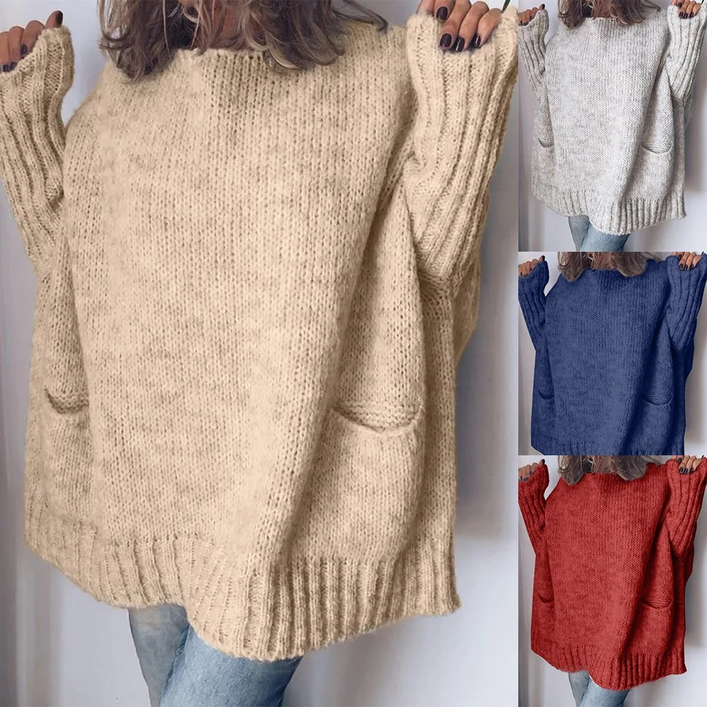 

B63930A Winter 2021 new solid color loose long sleeve casual fashion pocket loose pullover sweater