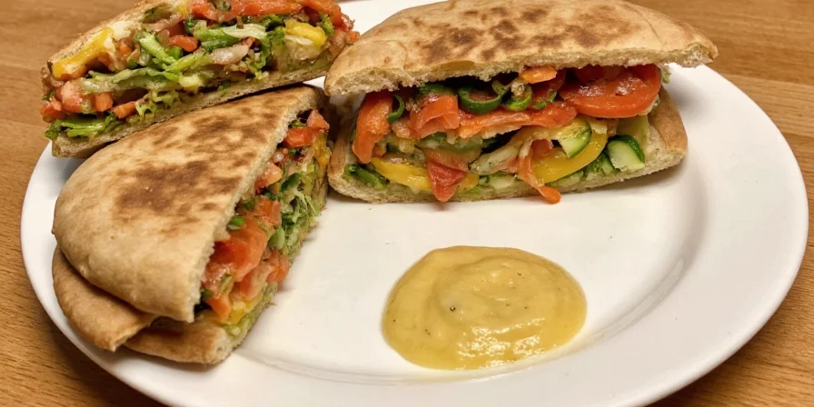 Step-by-step assembling of a spiced veggie pita sandwich