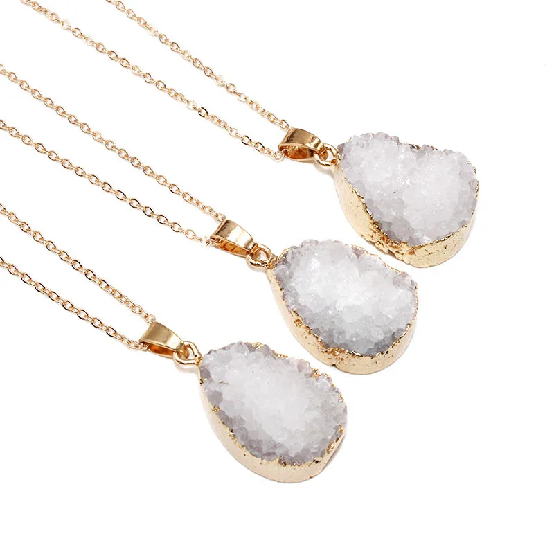 Natural Stone Drop White Crystal Pendant Natural Druzy Pendant Gold Plated Clear Quartz Necklace