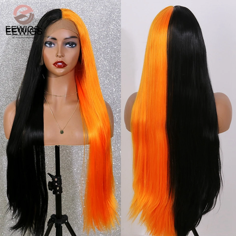 

Black Ombre Orange Long Straight Middle Part Synthetic Lace Wig Glueless Heat Resistant Hair Cosplay Colorful Lace Wig For Women