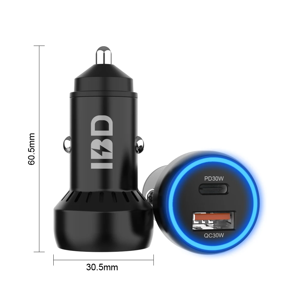 

IBD 60W High Power Type-C PD 30W USB Car Charger With QC3.0 30W Mobile Car Charger