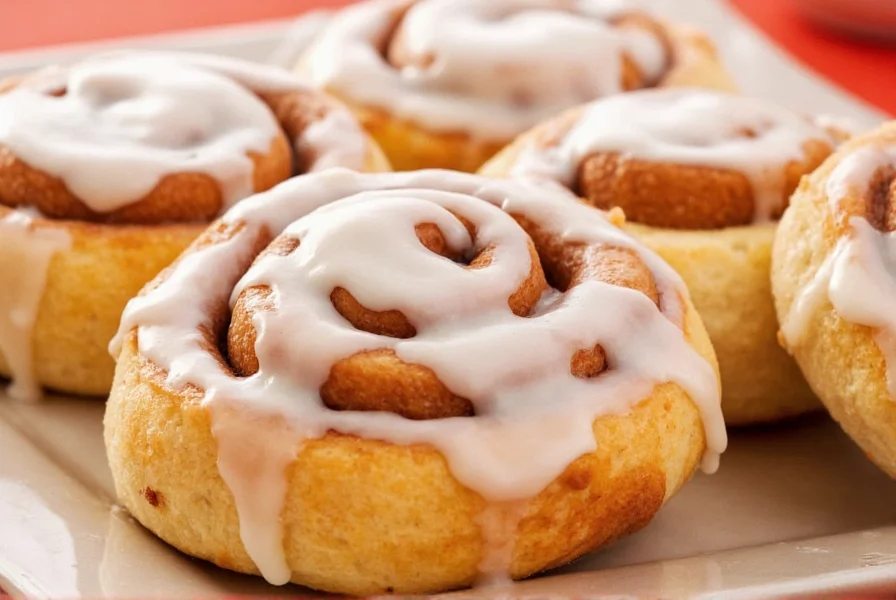 Freshly baked cinnamon rolls with melted frosting on display in bakery case showing signature spiral cut