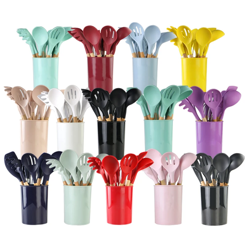 

YF New arrival kitchenware utensils with wooden handle heat resistant silicone 12 pieces kitchen utensils set, Multiple colors available