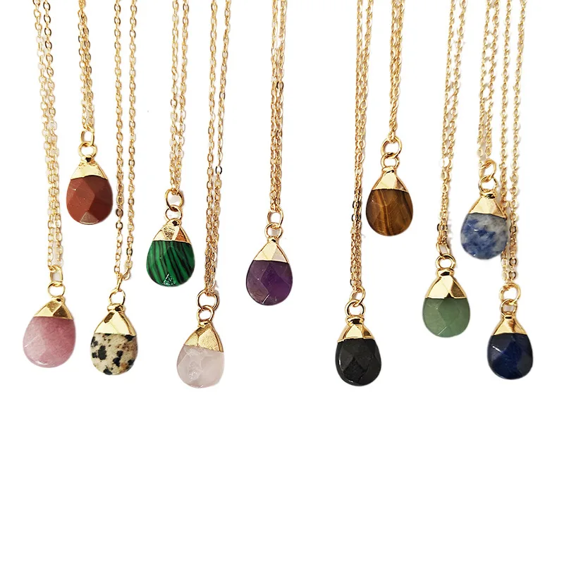 

Popular Colorful Natural Stone Charm Necklace Jewelry Simply Crystal Drop Shape Pendant Necklace