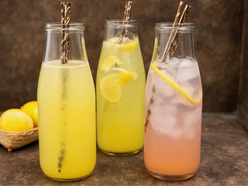 Three glasses of flavored lemonade on rustic table