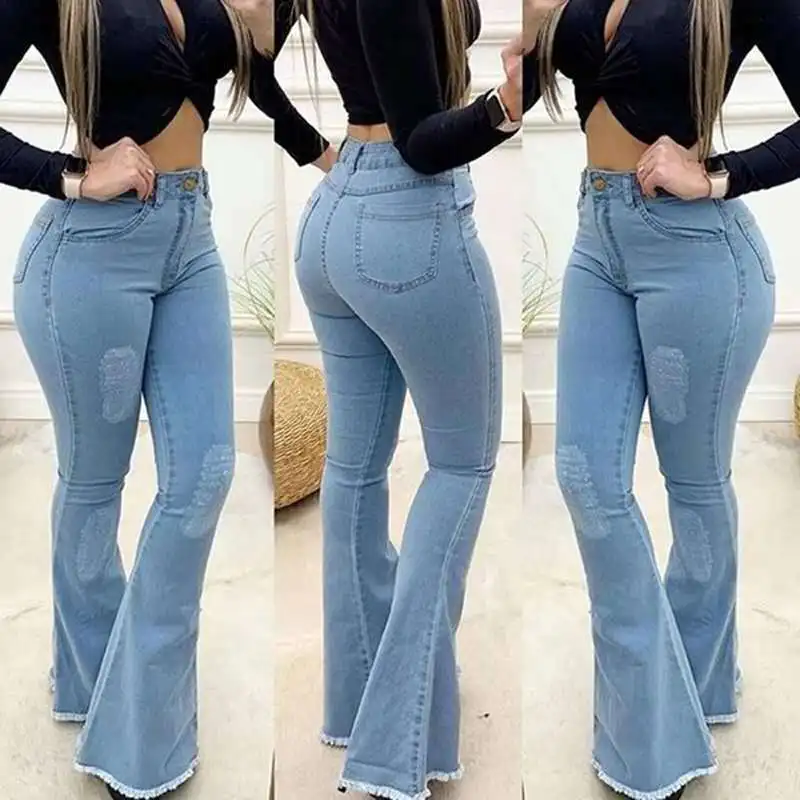 

New Arrivals Fashion Flare Light Blue Close-fitting Denim Pants Elastic Women's Jeans, Customized colors