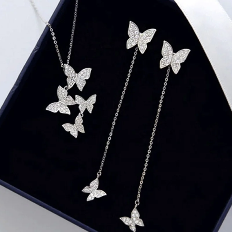 

Rhodium Plating Copper Zircon Charming Dazzling Micro Women Gift Necklace Chain Choker Butterfly Necklaces Earring set