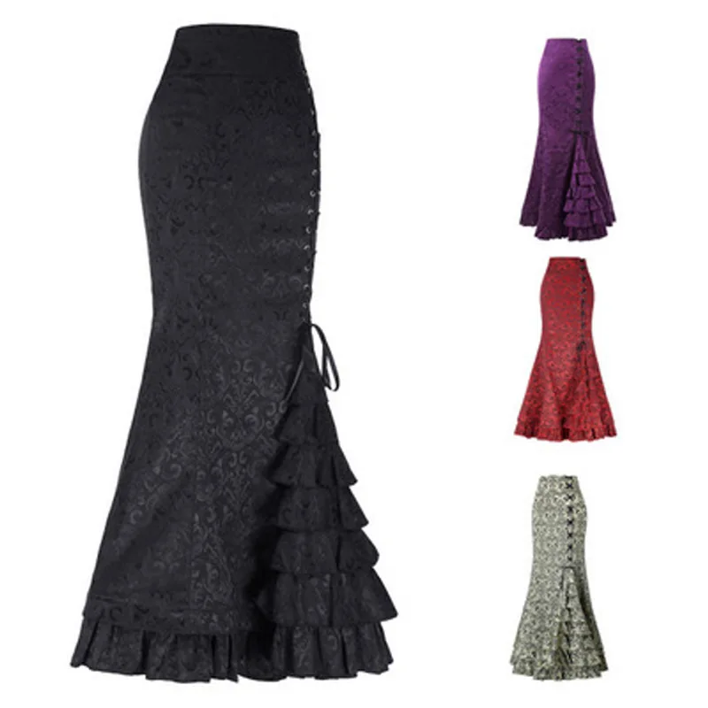 Women's Retro Lace-Up Drawstring Tiered Ruffle Maxi Long Mermaid Pencil Skirt