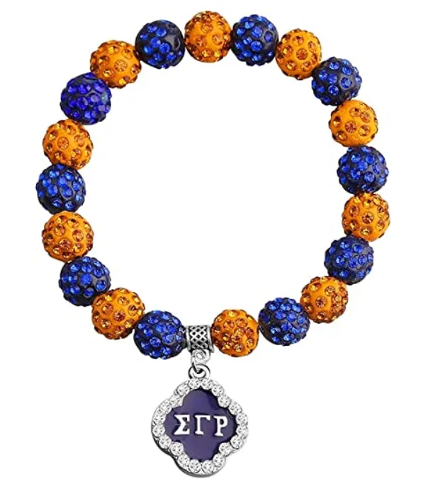 

Sigma Gamma Rho Paraphernalia 1922 SGR Yellow Blue Color Crystal Beads Charm Bracelet Inspired Greek Letter Sorority Jewelry