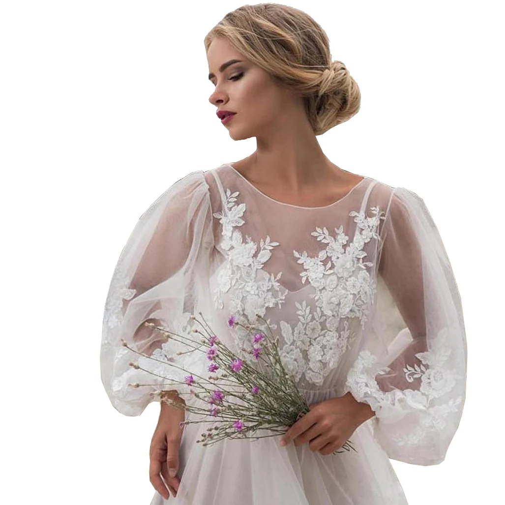 

Elegant wedding bridesmaid dress Embroidered dress with round neck and bubble sleeve mesh, White