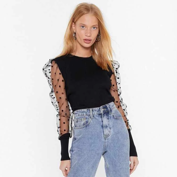 

Fashion Design Black Polka Dot Mesh Puff Sleeve O Neck Blouse