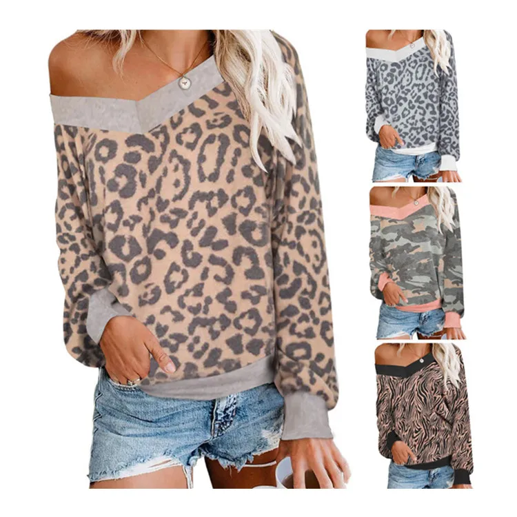 

Wholesale Fashion Women Off Shoulder Ripple Leopard Print V Neck Top T-shirt With Long Sleeve In Summer