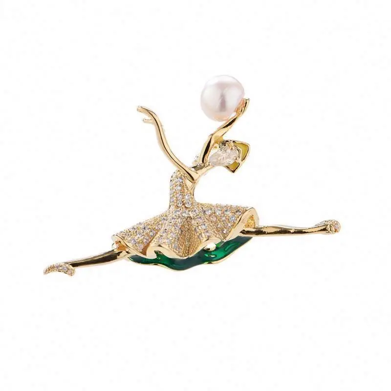 

2021 luxury Crystal dancing girl safety pin gold freshwater pearl fashion jewelry pin women's Brooch