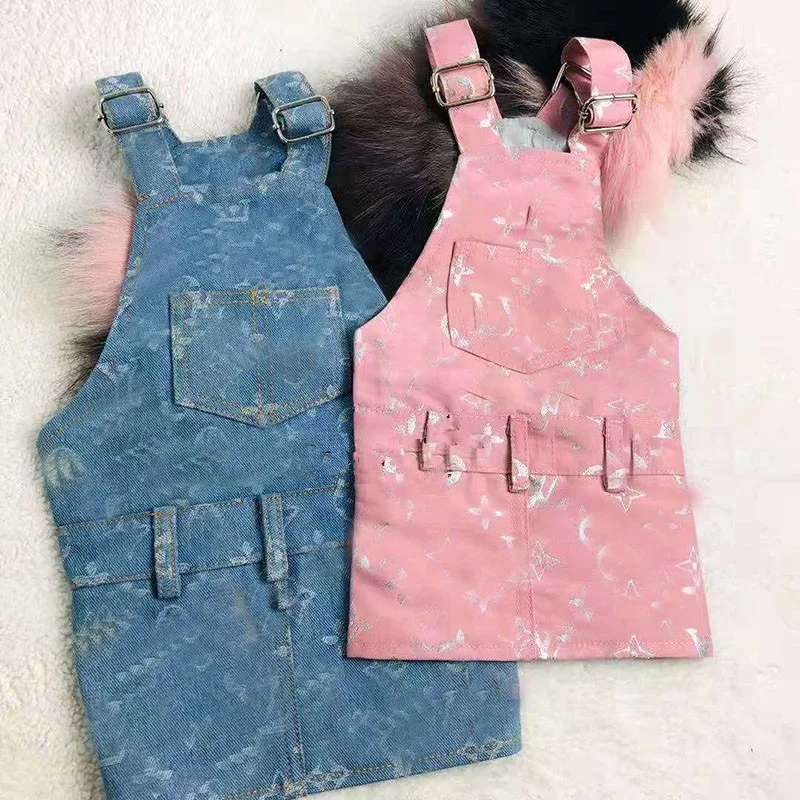 

Boutique Jeans Luxury popular brand Birthday pet clothes denim jean strap party skirt cat cowboy dresses aurora dog party dress, Blue, pink