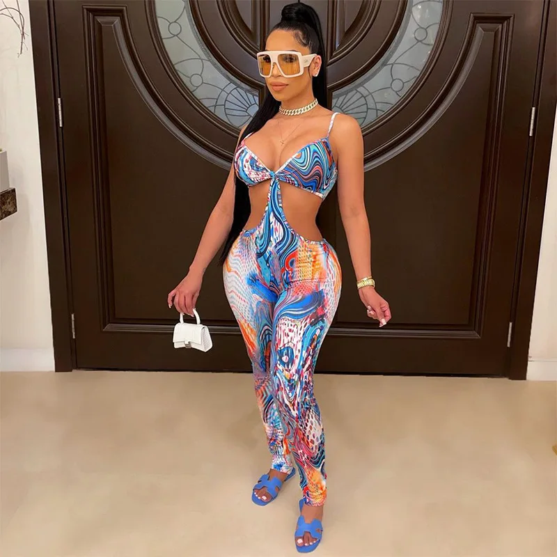 

S71062 - sexy fashion sleeveless printed hollow out halter backless women jumpsuit
