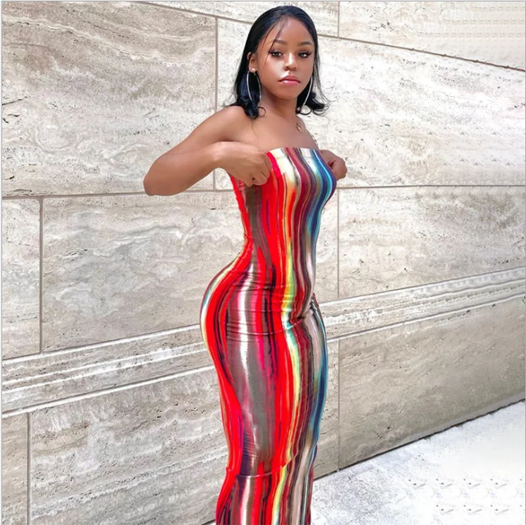 

New Arrivals Summer Women Clothing Casual Dresses Elegant Off Shoulder Colorful Printed Stripe Bodycon Dress, Shown