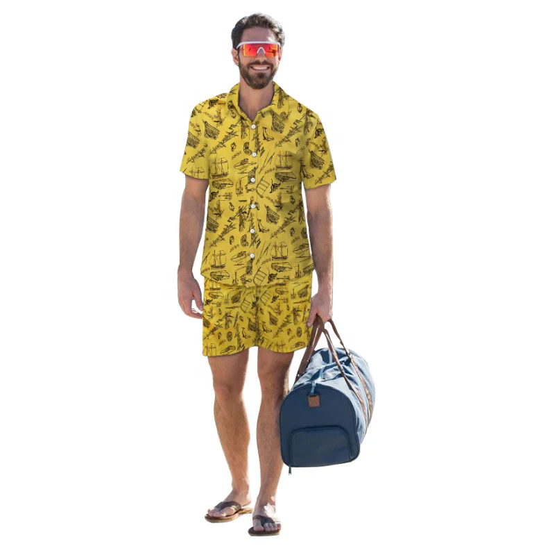 

Custom Printing Quick Dry Cool Breathable Hawaiian Cool Summer Beach Shorts And Shirt Short Sleeve Men Paisley Floral Shirts