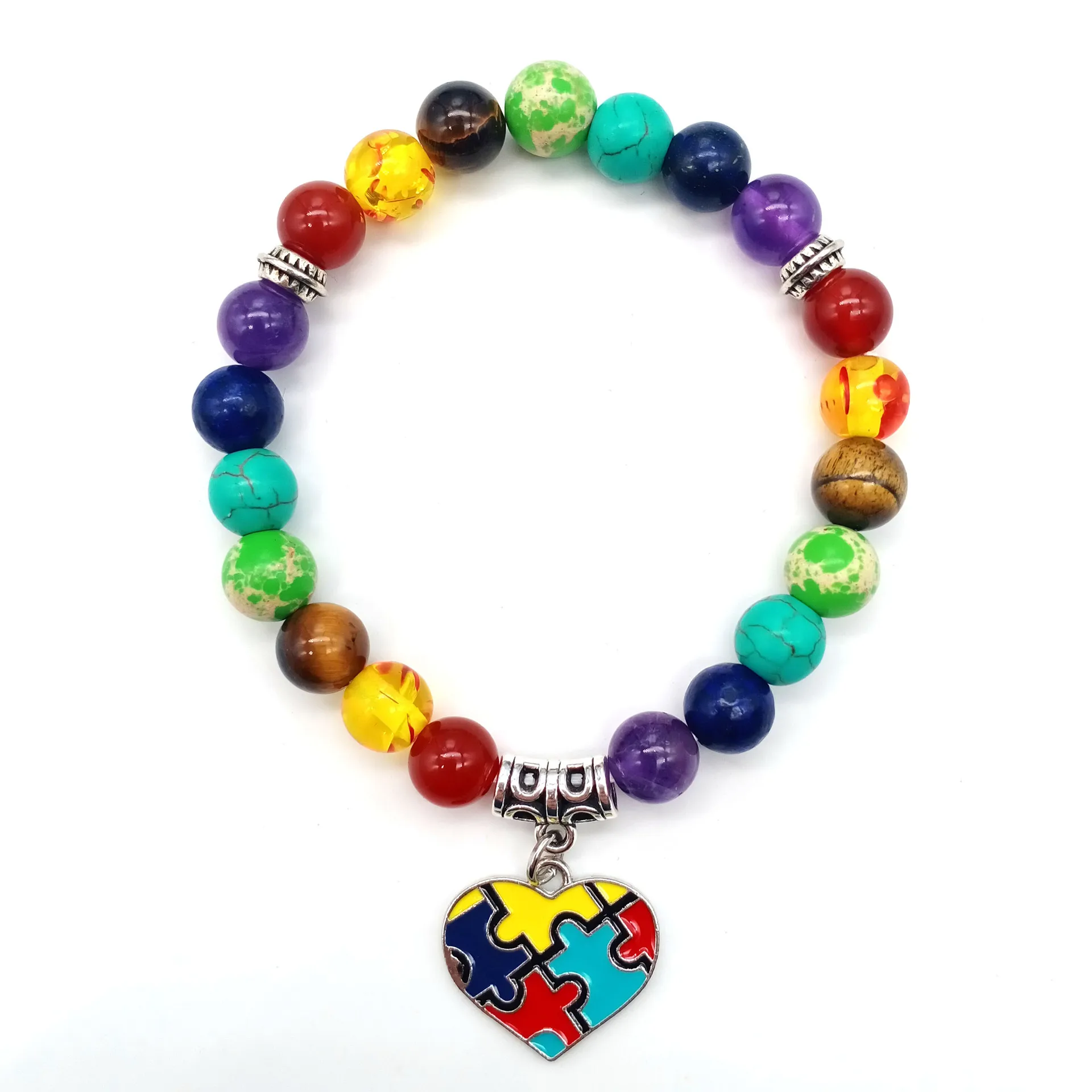 

Hot Selling Silk Ribbon Round Heart Puzzle Bracelet 8MM Beads Caring Autism Bracelet 7 Chakra Gemstone Bracelet