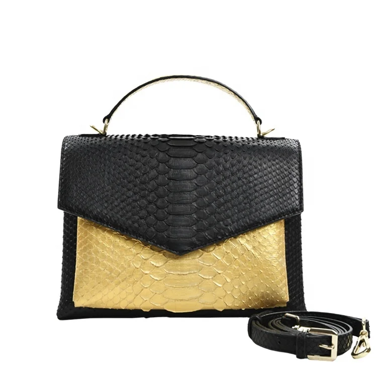 

Latest gold and black python skin lady handbags luxury women shoulder bags fashion designer brand leather purse