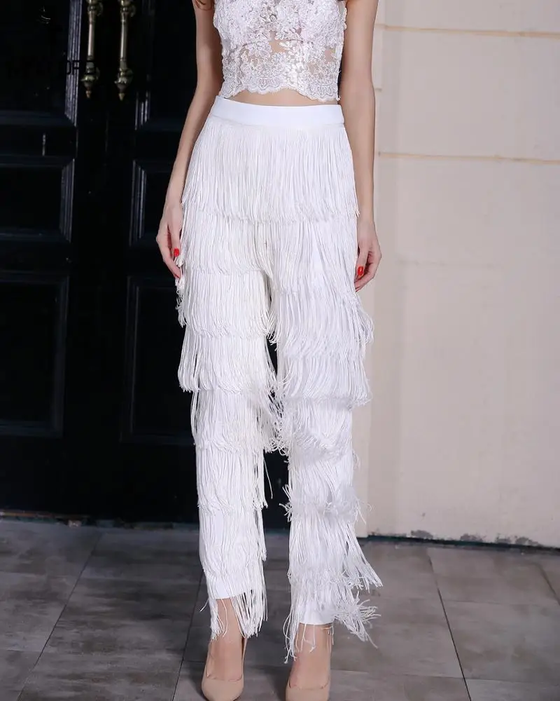 

High waist Ladies Fashion Tassel Package Hip Sexy Slim Straight Trousers