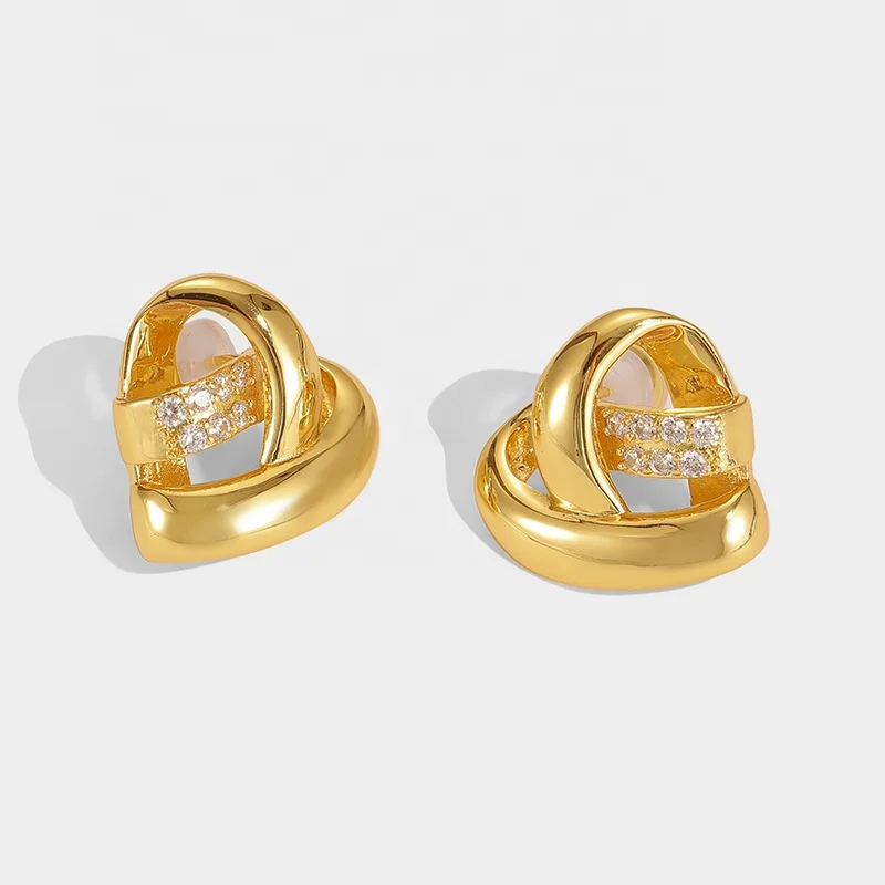 

2022 New Baroque Brass 18k Real Gold Plated Patchwork With Zirconia Geometric Heart Earrings, Picture shows