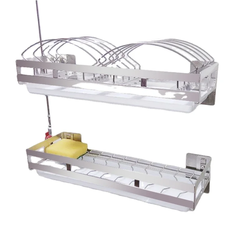 

304 Stainless Steel Draining Plate Rack Kitchen Multi-Function Draining Rack Wall-Mounted Punch-Free Tableware Storage, Silver