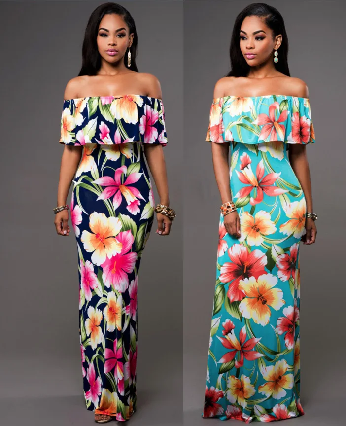 

2021 High Quality Summer Women Floral Printed Bohemian Off Shoulder Long Maxi Dress, Red, green, blue