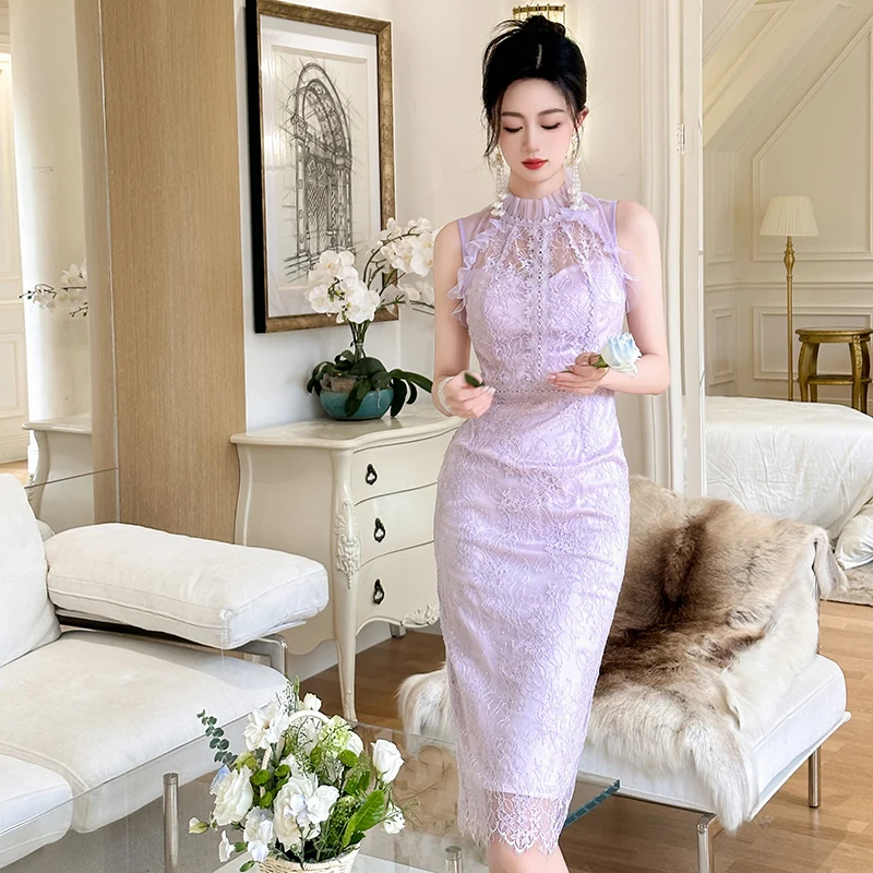 

ZYHT 20411 OEM Designed Summer Elegant Sleeveless Sexy Lace Bodycon A Line Solid Office Ladies One Step Purple Dress