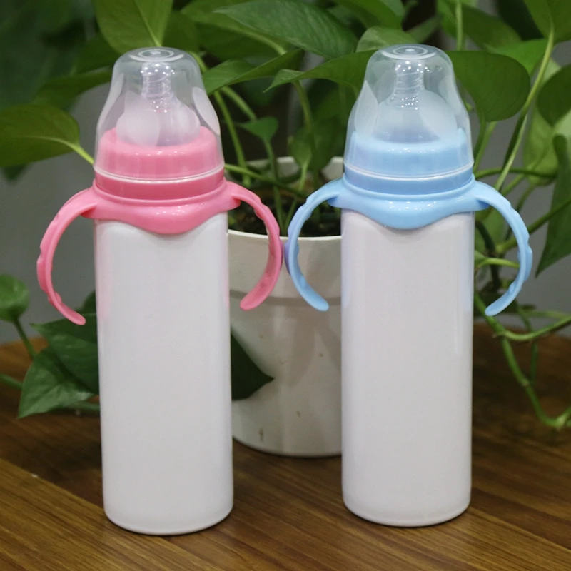 

Sublimation Blanks 18/8 Stainless Steel 8oz Double Wall Insulated Vacuum Baby Nursing Feeding Bottle with Silicone Nipple Handle, Pink, and blue