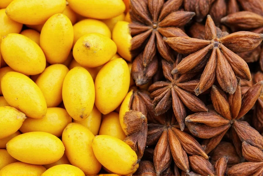 Close-up comparison showing differences between yellow anise tree fruit pods and edible star anise pods for safe identification