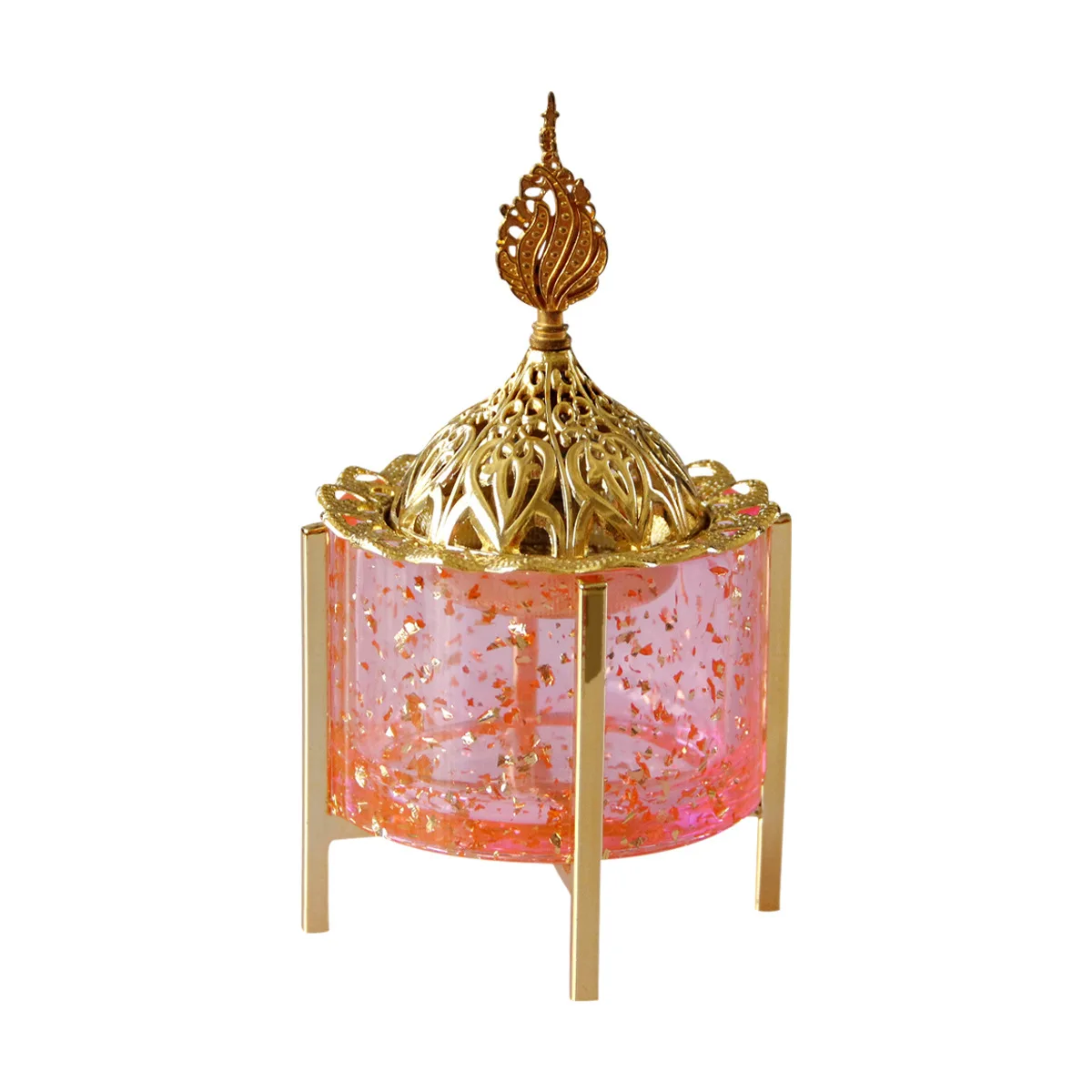 

Four-corner bracket pink gold resin metal table top ornament aoud incense burner with golden hollow lid