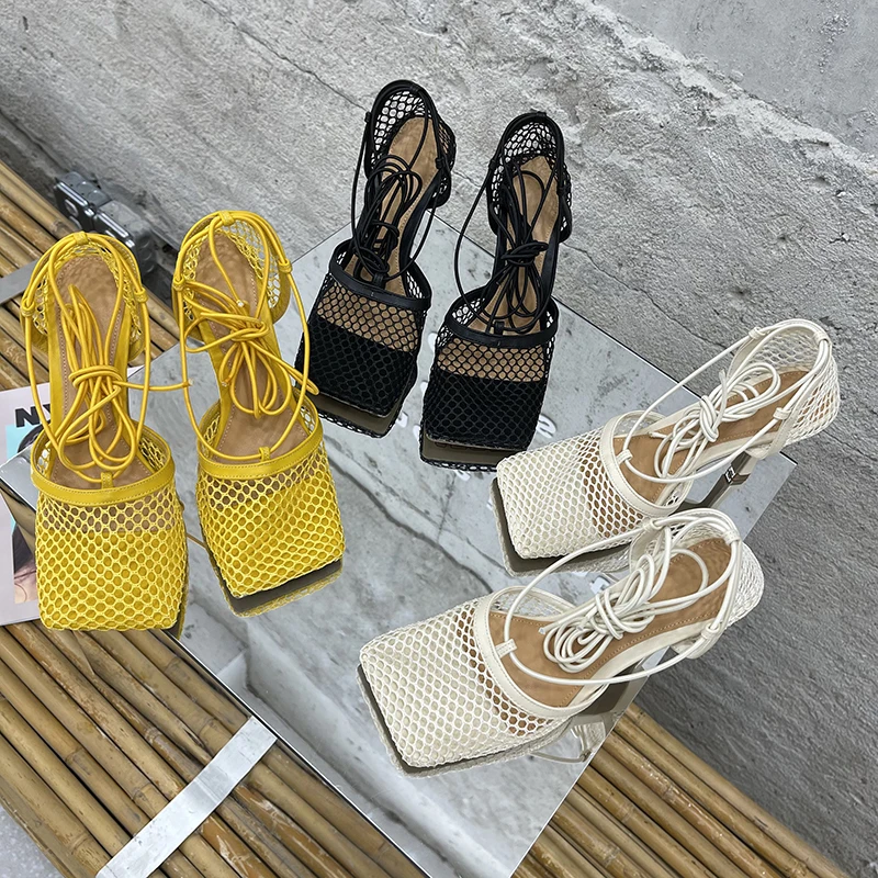 

Zapatos De Mujer 35-40 Women's 2022 NEW Summer Elegant Thin Heels Square Toe Narrow Band Fashion Mesh Pumps Sandals Ladies Shoes, Beige yellow black red green