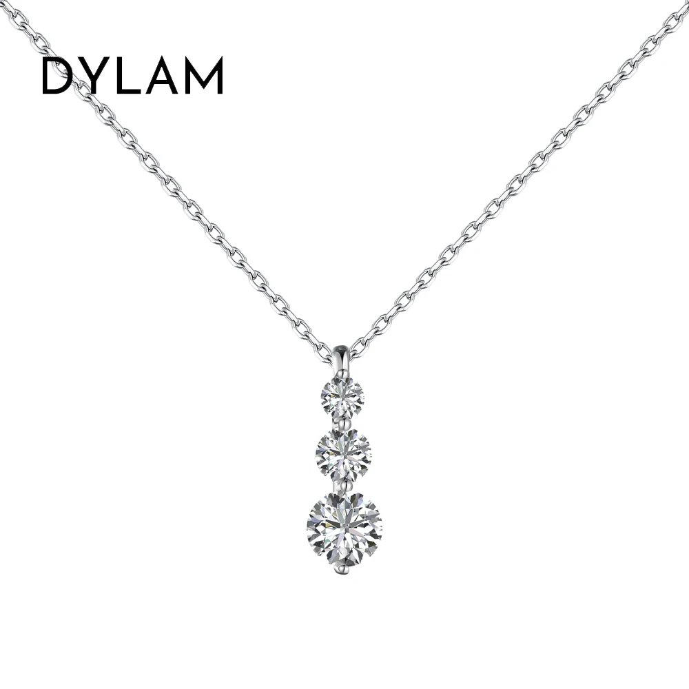 Dylam Classic 925 Sterling Silver Rhodium Plated 3 Stone 5A Cubic Zirconia Bar Shape Pendant Necklaces