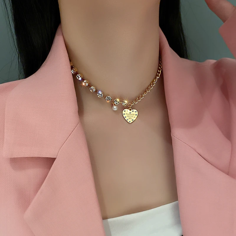 

fashion trendy gold plated crystal heart tennis necklace